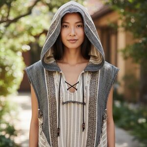 Free People Striped V-Neck Hoodie Sweater Dress Size M 🤎✨ Boho Cozy